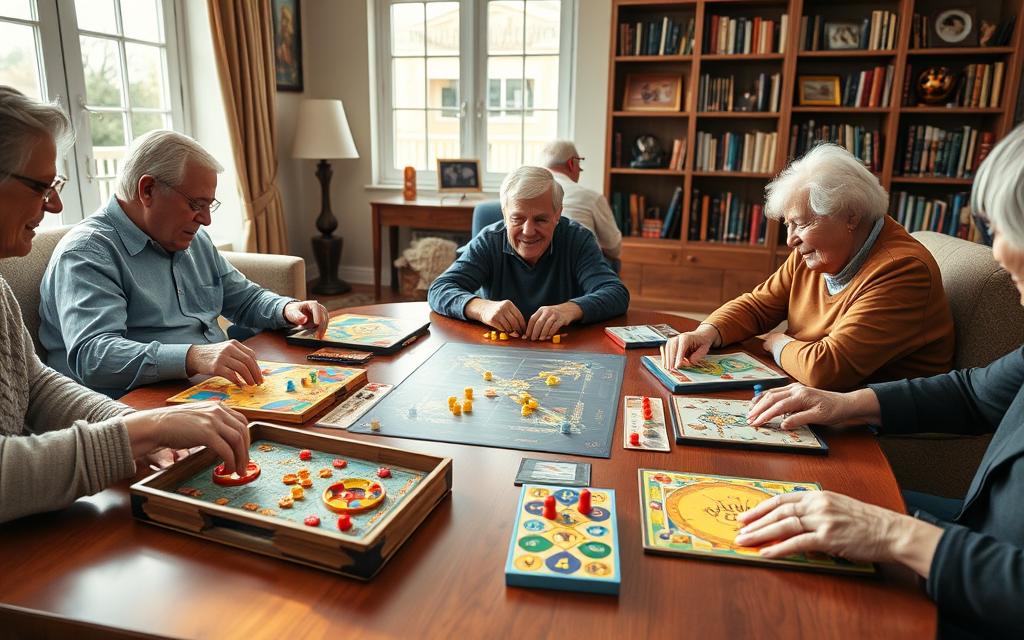 A serene scene of a well-lit senior living room, filled with an assortment of engaging board games carefully arranged on a polished wooden table. The games feature vibrant colors, intricate designs, and educational elements to stimulate the mind. Elderly hands gently move game pieces, their faces alight with concentration and joy. Soft natural lighting filters through large windows, creating a warm and inviting atmosphere. In the background, bookshelves lined with classic literature and mementos of a life well-lived suggest an environment conducive to intellectual stimulation and lifelong learning.