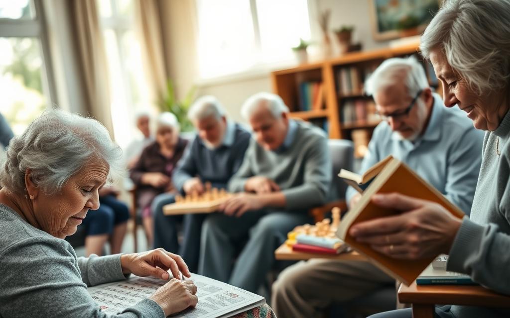 A serene, sun-dappled room filled with seniors engaged in a variety of cognitive activities. In the foreground, an elderly woman intently solving a crossword puzzle, brow furrowed in concentration. Nearby, a group of friends huddled over a chessboard, deep in thought as they strategize their next moves. In the middle ground, a man carefully arranging colorful wooden blocks, his face alight with childlike wonder. In the background, a cozy reading nook where another senior is immersed in a well-worn book, fingers tracing the pages. Soft natural lighting filters in through large windows, casting a warm glow over the scene. An atmosphere of tranquility and intellectual stimulation pervades the space, reflecting the seniors' pursuit of mind-expanding activities.