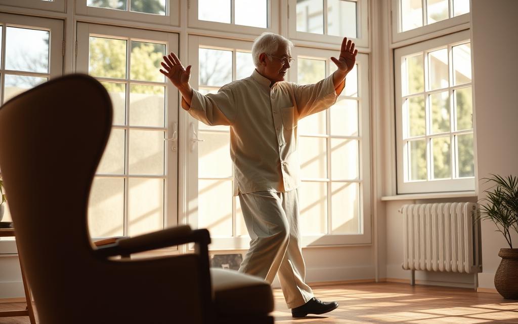 A serene, sun-dappled room with a comfortable high-backed chair in the foreground. Elderly hands gracefully guide the chair through a sequence of fluid Tai Chi movements - shifting weight, extending arms, rotating torso. Soft natural lighting filters through large windows, casting gentle shadows that accentuate the elegant choreography. The atmosphere is one of tranquility and focus, inviting the viewer to imagine the restorative physical and mental benefits of this gentle, accessible practice. A camera angle slightly above eye level captures the movements from an empathetic perspective.
