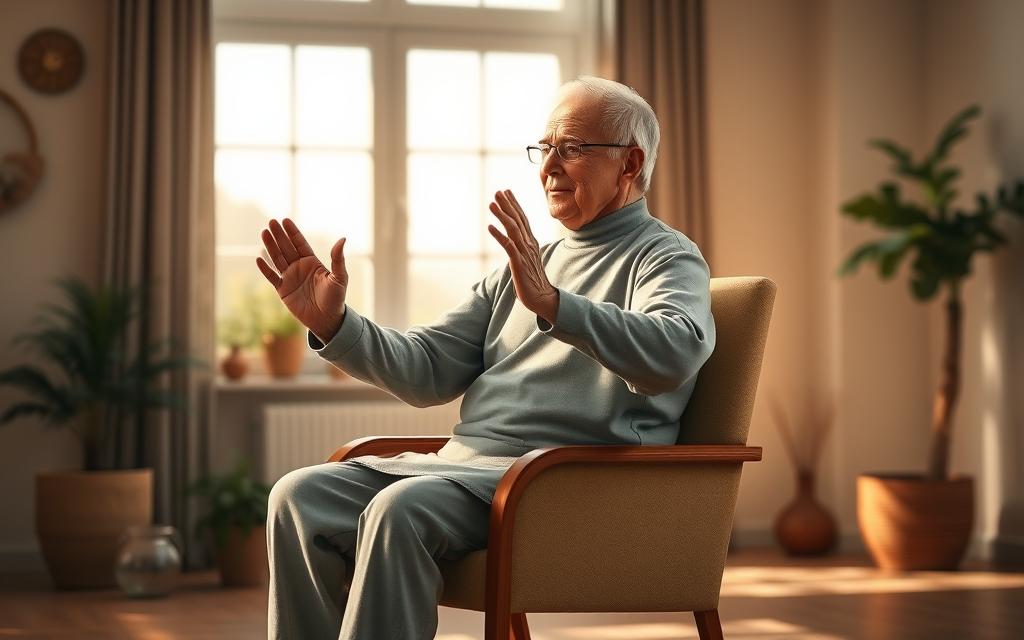 A serene, well-lit indoor setting with a senior person sitting comfortably in a chair, practicing gentle, flowing movements of seated tai chi. The figure is rendered in a realistic, detailed style, their face and posture exuding a sense of focus and tranquility. The background features soothing, nature-inspired elements such as potted plants or a simple, calming landscape visible through a window. Soft, diffused lighting casts a warm, contemplative glow over the scene, emphasizing the holistic health benefits of this mindful, low-impact exercise.