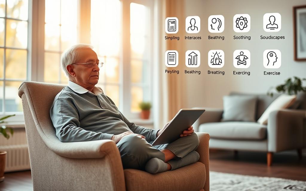 A serene, well-lit living room with a senior citizen sitting cross-legged on a plush armchair, deeply immersed in a calming meditation app on a tablet. Warm, natural lighting filters through large windows, casting a peaceful ambiance. In the background, a display of various mindfulness apps and icons hovers, showcasing their features designed for older adults, such as simplified interfaces, soothing soundscapes, and guided breathing exercises. The overall scene conveys a sense of tranquility, self-care, and the empowering use of technology to support mental wellbeing in the golden years.