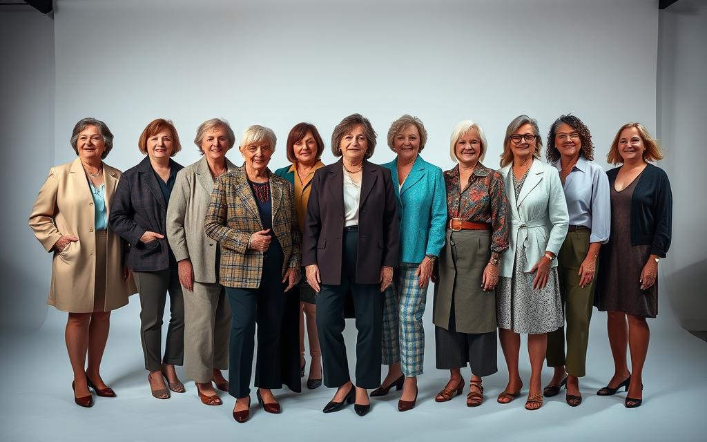 A sophisticated senior fashion showcase, featuring a diverse array of stylish outfits in a well-lit studio setting. In the foreground, several mature models pose confidently, showcasing elegant color palettes and tasteful patterns - rich jewel tones, soft pastels, and timeless neutrals accented with subtle prints or textures. In the middle ground, a minimalist backdrop allows the clothing to take center stage, while dramatic studio lighting casts flattering shadows and highlights the models' confident expressions. The overall mood is one of refined sophistication, celebrating the fashion choices of a dynamic, stylish senior demographic.
