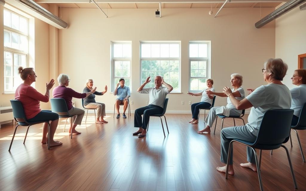A spacious, well-lit studio with hardwood floors and natural light streaming in through large windows. In the center, a group of senior citizens gracefully performing chair yoga poses, their movements fluid and controlled. The participants are seated on sturdy, armless chairs, focusing intently on their breath and form. The instructor, a calm and reassuring presence, demonstrates each pose with gentle guidance. Soft ambient music plays in the background, creating a serene and soothing atmosphere. The camera angle captures the scene from a slightly elevated perspective, highlighting the participants' concentration and the harmonious flow of the session.
