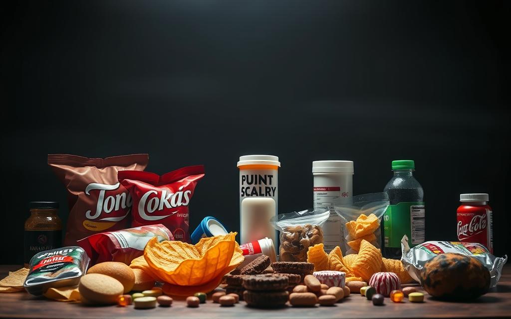 A stark still life of "fatal foods" for senior citizens, captured under dramatic, ominous lighting. In the foreground, an array of unhealthy, processed snacks and beverages - salty chips, sugary sodas, and chemically-laden sweets. In the middle ground, an empty prescription pill bottle looms, a somber reminder of the health risks. The background is shrouded in deep shadows, conveying a sense of danger and mortality. The overall atmosphere is one of foreboding and the potential consequences of poor dietary choices for the elderly. Captured through a narrow depth of field, the image focuses the viewer's attention on the "fatal" elements at the heart of the scene.