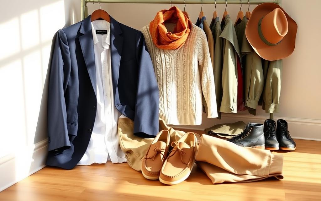 A sunny, well-lit room showcases a neatly arranged wardrobe essentials for active senior citizens. In the foreground, a crisp white button-down shirt, a classic navy blazer, and a pair of comfortable khaki slacks lay folded, ready for daily outings. The middle ground features a cozy cable-knit sweater, a pair of sturdy yet stylish loafers, and a stylish scarf in a warm, autumnal hue. In the background, a sturdy pair of walking shoes, a lightweight rain jacket, and a smart, wide-brimmed hat sit, allowing for versatile, weather-appropriate attire. The overall mood is one of timeless elegance and practical functionality, perfectly suited for an active senior citizen's daily activities and hobbies.