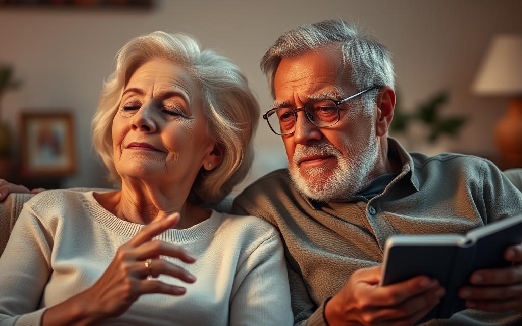 A tranquil elderly couple, seated comfortably, deeply immersed in a soothing symphony. The woman, eyes closed, a serene expression, her fingers gently tapping to the rhythm. The man, leaning forward, listening intently, his weathered face aglow with a sense of nostalgia and wonder. Soft, warm lighting bathes the scene, creating an atmosphere of peaceful contemplation. In the background, subtle visual cues suggest the calming power of music to stimulate cognitive function and evoke cherished memories. A serene, intimate moment that encapsulates the transformative experience of music for senior listeners.