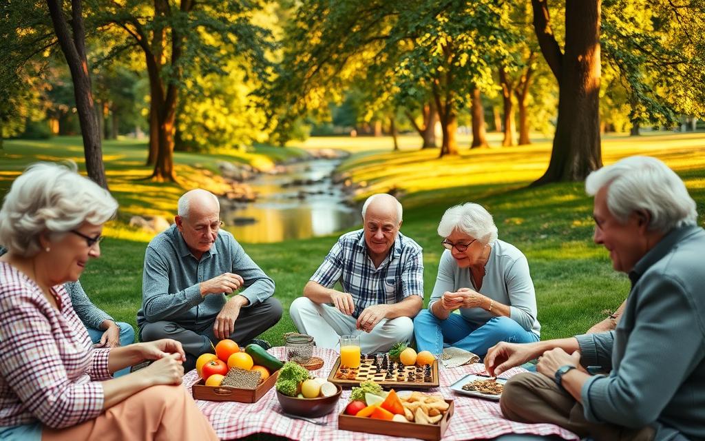 A tranquil outdoor scene, a picnic setting in a lush, verdant park. In the foreground, a group of seniors engaged in various brain-stimulating activities - a game of chess, a crossword puzzle, a round of trivia. Warm, soft lighting filters through the trees, creating a cozy, inviting atmosphere. The middle ground features a spread of healthy, nourishing picnic fare - fresh fruits, vegetables, and snacks. In the background, a gentle stream meanders, its calming sounds adding to the peaceful ambiance. The seniors' faces are filled with concentration and delight, their minds actively engaged in the stimulating activities. An uplifting, community-driven scene that celebrates the vitality and mental acuity of the older generation.
