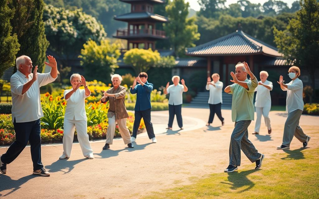 A tranquil scene of senior citizens practicing Tai Chi in a serene outdoor setting. In the foreground, a group of elderly men and women move gracefully, their bodies flowing through the ancient forms. The middle ground features a lush garden, with vibrant flowers and a meandering path. In the background, a pagoda-style structure stands, its traditional architecture casting soft shadows. The lighting is warm and natural, creating a calming atmosphere. The camera angle is slightly elevated, capturing the peaceful energy of the Tai Chi practice. The overall composition emphasizes the benefits of this gentle exercise for older adults, promoting physical and mental wellbeing.