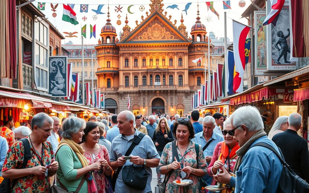 A vibrant, immersive cultural experience unfolds in a bustling city square. In the foreground, a diverse group of senior travelers engage in lively conversations, admiring colorful local handicrafts and sampling exotic street foods. The middle ground showcases a grand, ornate building with intricate architectural details, its façade illuminated by warm, golden lighting. In the background, a tapestry of cultural symbols and symbols from around the world creates a sense of global interconnectedness. The scene radiates an atmosphere of wonder, curiosity, and the joy of shared cultural discovery, capturing the essence of an unforgettable senior travel adventure.