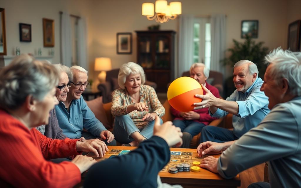 A vibrant, well-lit scene of senior citizens engaged in a variety of interactive party games. In the foreground, a group of elders huddle around a table, eagerly playing a classic board game or card game, their expressions filled with concentration and joy. In the middle ground, another group sits in a circle, tossing a soft, brightly-colored ball to each other, their laughter echoing through the room. In the background, a cozy, inviting living room setting, with comfortable armchairs and sofas, creating a warm and welcoming atmosphere. The lighting is soft and natural, accentuating the seniors' faces and the overall sense of connection and community. The scene captures the essence of &amp;quot;Interactive Party Games to Foster Connection&amp;quot; among the senior citizens.