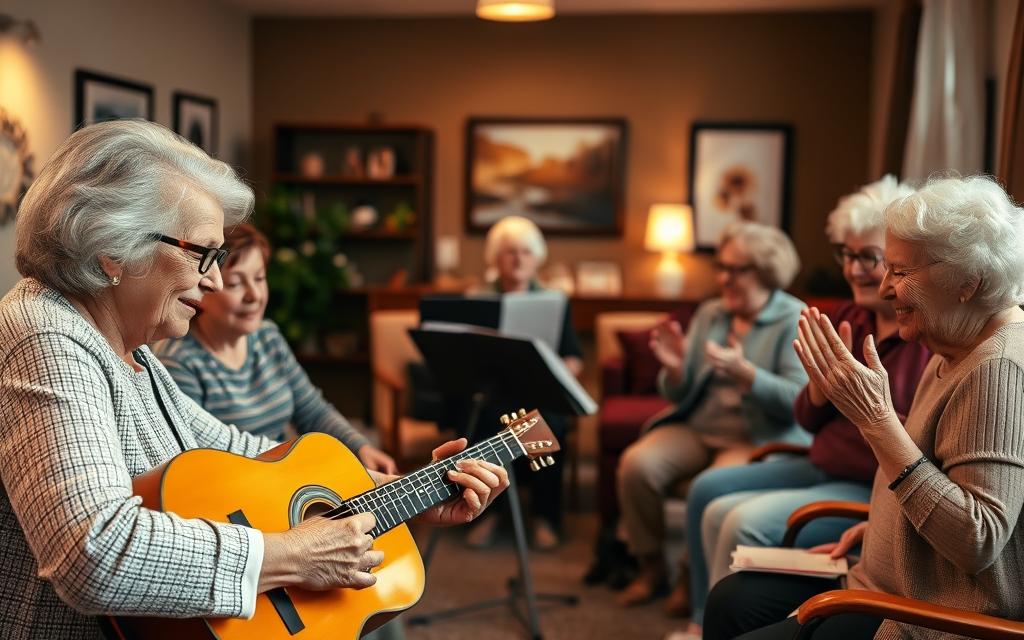 A warm and inviting scene of professional music therapists collaborating with a group of lively senior citizens. In the foreground, a therapist gently guides an elderly person's hands on a soothing guitar, their faces alight with concentration. In the middle ground, a pianist and vocalists engage the group in a soulful melody, the seniors clapping and swaying in time. The background depicts a cozy, well-lit music therapy room, with soft lighting and inspirational artwork on the walls. An atmosphere of joyful, therapeutic connection permeates the scene, showcasing the power of music to enrich the lives of older adults.