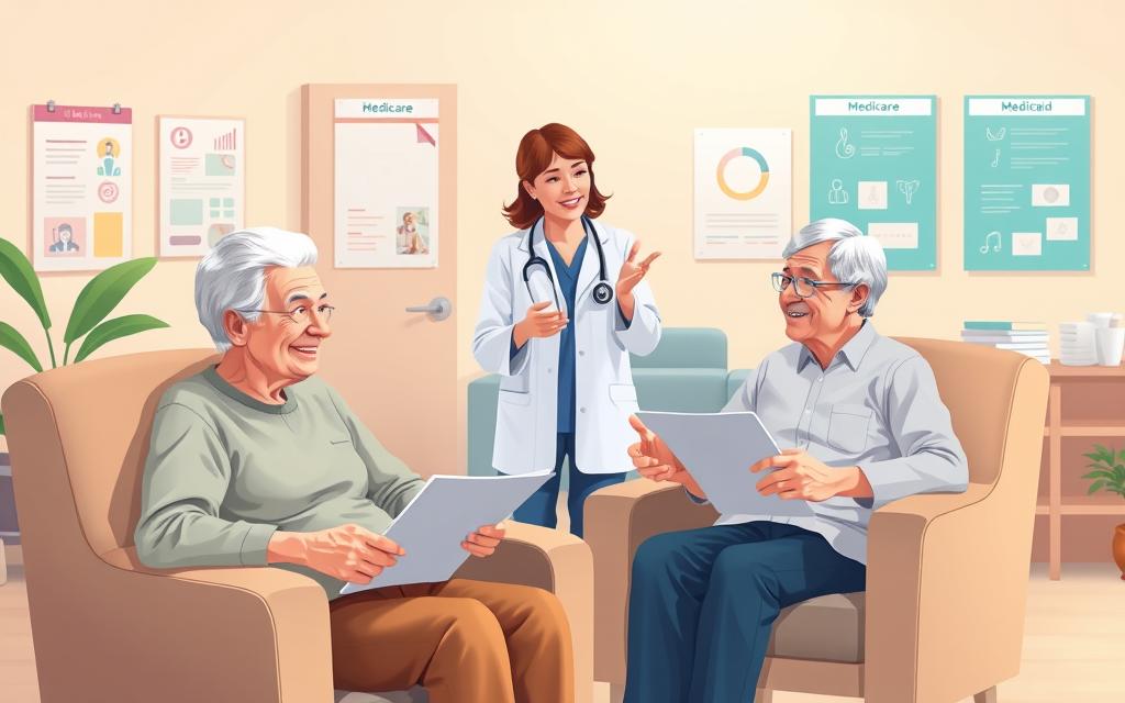 A warm, compassionate illustration depicting the Medicare and Medicaid special assistance programs for senior citizens. In the foreground, an elderly couple sitting in armchairs, their faces radiating gratitude as they review paperwork. In the middle ground, a healthcare worker gesturing kindly, explaining the programs' benefits. The background showcases a soothing, pastel-colored medical office, with informative posters and icons signifying the available services. Soft, diffused lighting creates a welcoming atmosphere, conveying the care and support provided by these vital senior citizen funding programs.