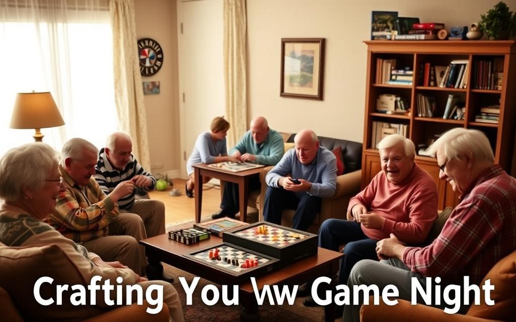 A warm, cozy living room filled with seniors engaged in various tabletop games. In the foreground, a group of elderly friends gathered around a coffee table, intently focused on a classic board game, their faces animated with laughter and friendly competition. In the middle ground, a couple plays cards at a small side table, their expressions serene and contemplative. The background depicts a well-stocked game cabinet, its shelves brimming with an eclectic array of puzzles, chess sets, and other strategic diversions. Soft, diffused lighting casts a welcoming glow, creating an atmosphere of comfort, camaraderie, and intellectual stimulation. The scene evokes a sense of joyful, mindful engagement - a perfect illustration of &quot;Crafting Your Own Game Night&quot; for active, curious senior citizens.