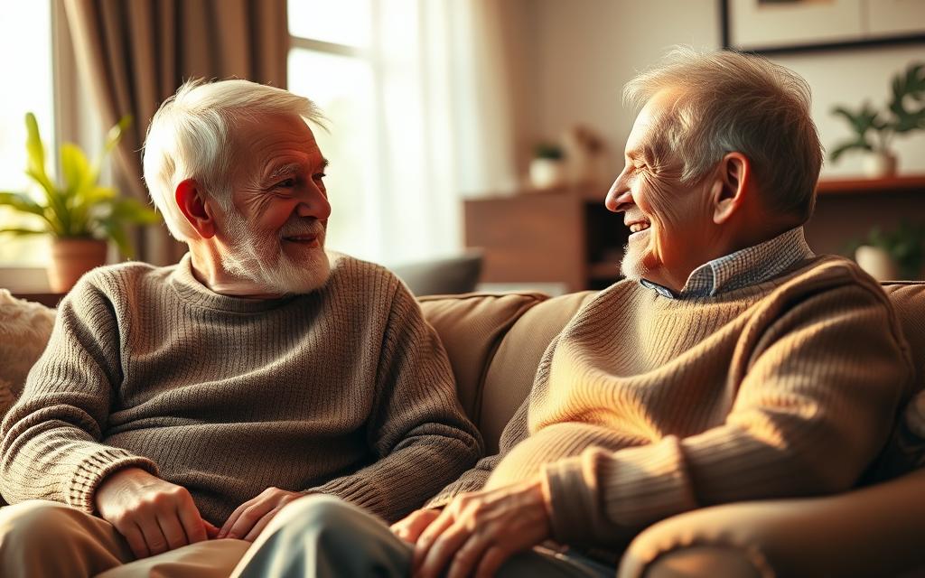 A warm, cozy living room filled with two senior singles enjoying each other's company. Soft, natural lighting casts a golden glow, accentuating the wrinkles and wisdom in their faces. They sit comfortably on a plush sofa, engaged in an intimate conversation, their body language relaxed and open. The background is softly blurred, drawing the viewer's focus to the pair's connection. The atmosphere is one of contentment, companionship, and the quiet joy of a mature, meaningful relationship.
