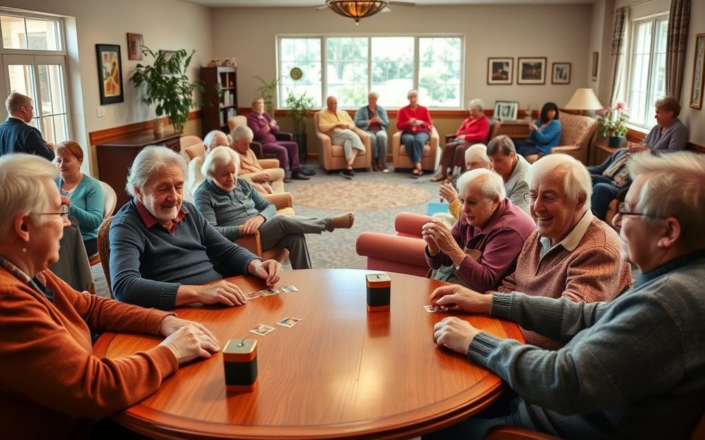 A warm, inviting community center filled with active seniors engaged in lively social activities. In the foreground, a group of retirees play a rousing game of cards at a polished wooden table, their faces alight with laughter and camaraderie. In the middle ground, a knitting circle gathers in plush armchairs, needles clicking as they create cozy handmade items. Beyond, a gentle yoga class stretches and meditates in a sun-dappled space, a serene sanctuary amidst the buzz of activity. Soft natural lighting filters through large windows, casting a welcoming glow on the scene. The overall atmosphere is one of joyful connection, where seniors find fulfillment through meaningful social engagement.