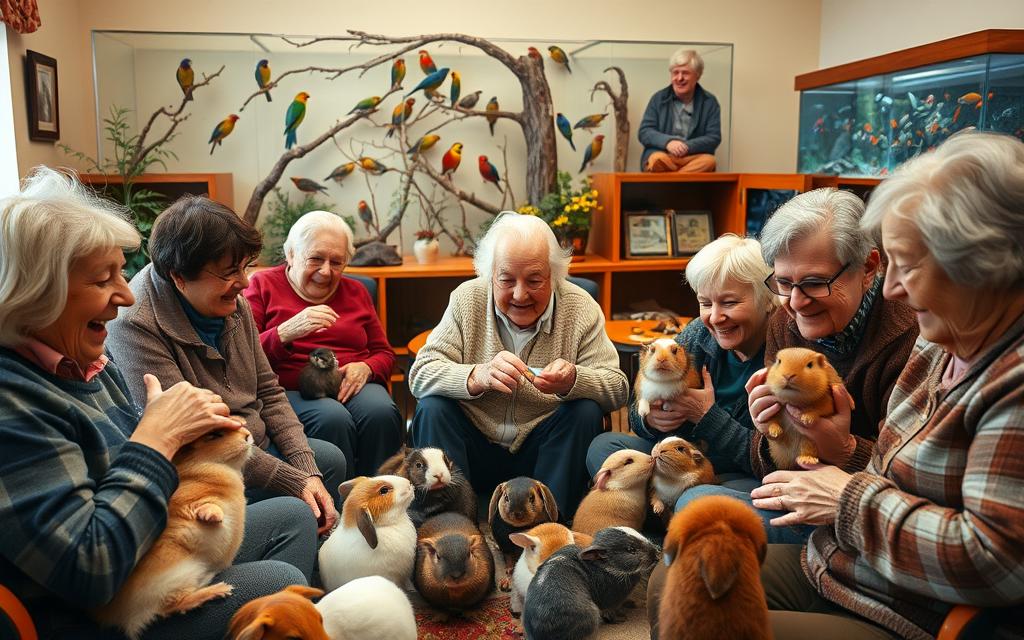 A warm, inviting indoor space filled with an assortment of friendly, non-traditional pets. In the foreground, a group of elderly residents gently interacting with rabbits, guinea pigs, and even a ferret, their faces radiating joy and contentment. The middle ground showcases a delicate aviary teeming with colorful songbirds, their melodies creating a soothing ambiance. In the background, an aquarium showcases tranquil fish swimming in a calming display. Soft, diffused lighting casts a gentle glow, enhancing the tranquil atmosphere. The scene conveys a sense of therapeutic comfort and companionship, where seniors can find solace and emotional support through alternative pet interactions.