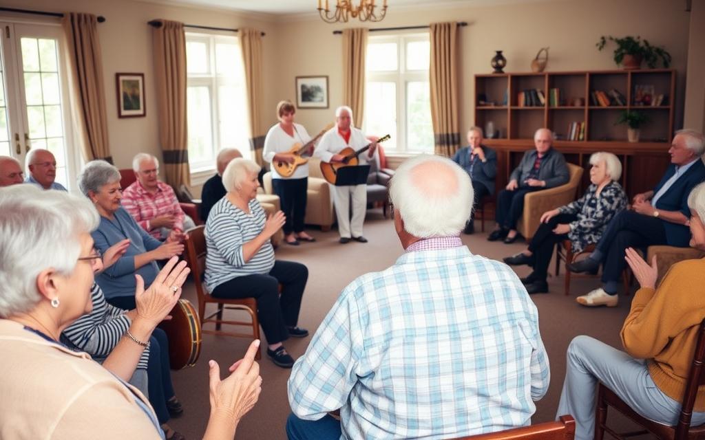 A warm, inviting room filled with seniors engaged in a variety of music therapy activities. In the foreground, a group of seniors playing hand-held percussion instruments, their faces lit by a soft, natural light filtering through large windows. In the middle ground, a music therapist leads a gentle, interactive session, guiding the seniors through breathing exercises and gentle movements synchronized with soothing melodies. In the background, a cozy seating area where other seniors enjoy listening to live music performed by a duo of musicians, their expressions serene and reflective. The overall atmosphere is one of calm, connection, and a palpable sense of well-being.