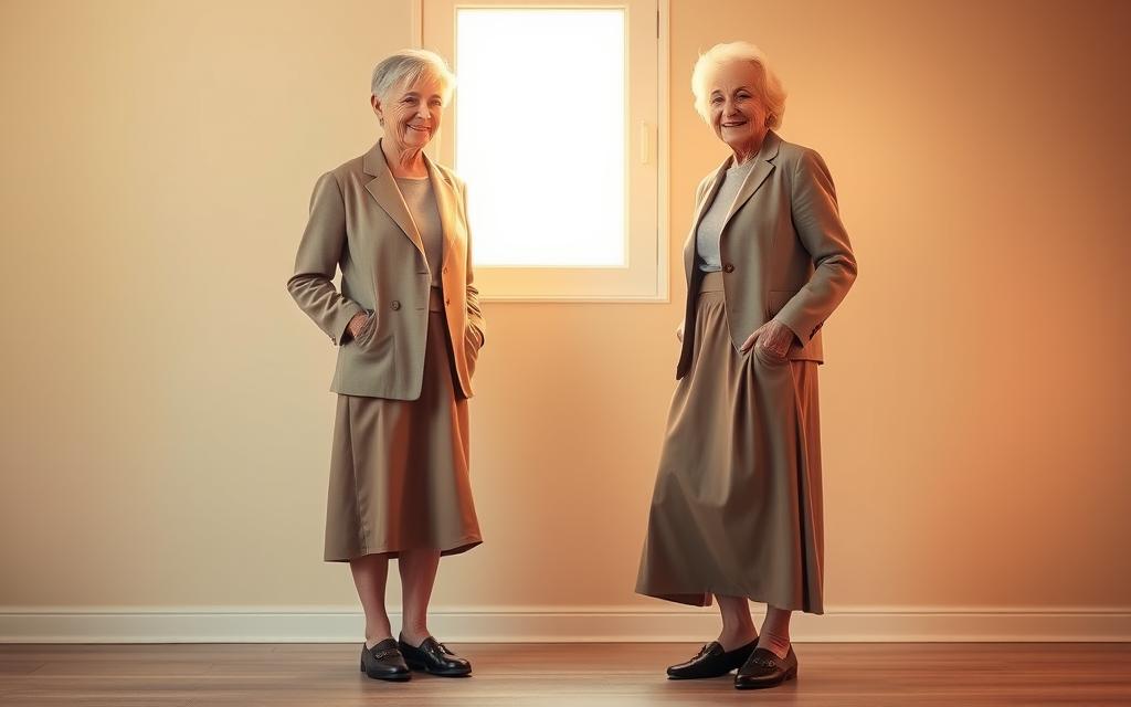 A well-designed outfit for a stylish senior citizen standing in a warm, softly lit room. In the foreground, a comfortable yet fashionable ensemble featuring a tailored blazer in a neutral tone, paired with a flowing, mid-length skirt in a complementary color. The fabric has a slight sheen, adding a touch of elegance. In the middle ground, a pair of supportive, cushioned shoes with subtle detailing, enabling easy movement. The background showcases a harmonious color palette, creating a serene and inviting atmosphere. Subtle lighting from a nearby window casts a gentle glow, highlighting the outfit's carefully curated details and the senior's confident, graceful pose.