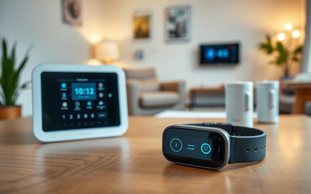 A well-lit indoor scene showcasing a variety of modern medical alert systems for the elderly. In the foreground, a sleek wearable device with a prominent emergency button sits on a wooden table, its design emphasizing ease of use. In the middle ground, a wall-mounted control panel features intuitive touchscreen controls and status indicators. The background depicts a cozy living room setting, with a comfortable armchair and soft lighting, creating a sense of security and comfort for the senior user. The overall mood is one of reassurance and technological sophistication, designed to empower and protect the independence of the elderly.