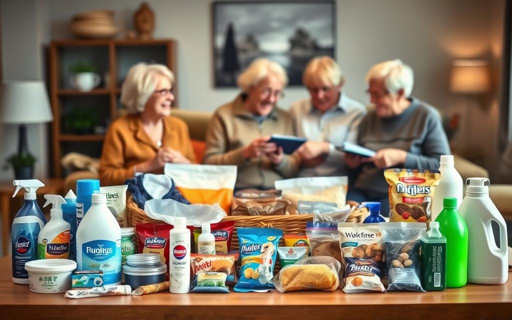 A well-lit, inviting display of free product samples for senior citizens, set against a warm, cozy backdrop. In the foreground, an assortment of personal care items, snacks, and household goods neatly arranged on a wooden table, each item clearly visible. The middle ground features a group of seniors browsing the selection, their expressions engaged and content. In the background, a subtly blurred living room scene, with soft, diffused lighting creating a comfortable, homey atmosphere. The overall composition conveys the importance of product variety and accessibility for the senior community, encouraging them to explore and discover new items that can enhance their daily lives.