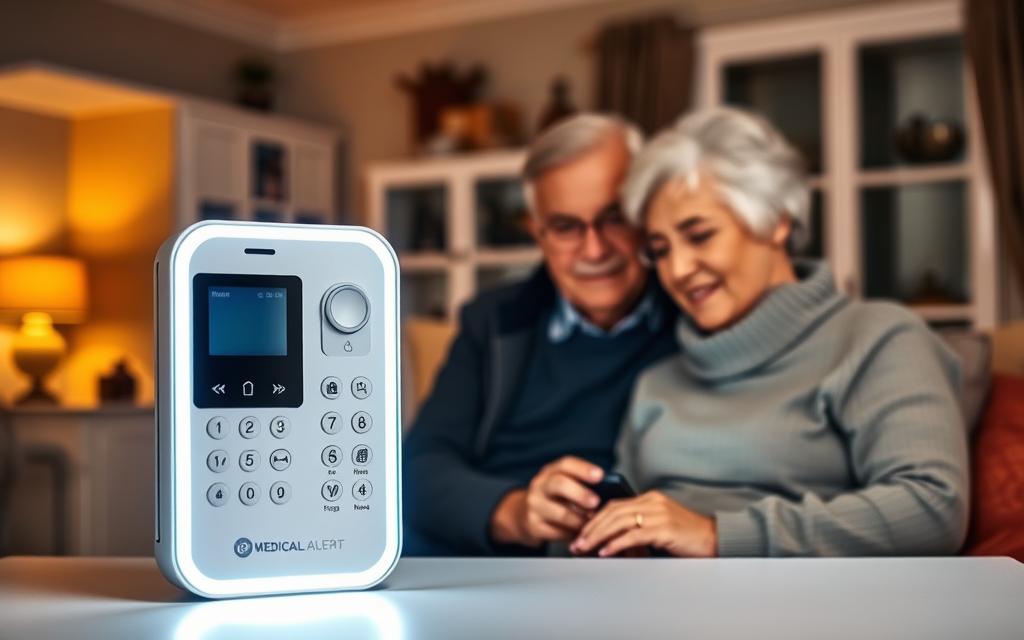 A well-lit, modern medical alert system for seniors stands prominently in the foreground, its sleek design and intuitive controls conveying a sense of reassurance and technological sophistication. In the middle ground, an elderly couple, their faces radiating a calm confidence, are depicted comfortably engaging with the device, underscoring its user-friendly nature. The background features a cozy, inviting home interior, with warm lighting and tasteful decor, creating an atmosphere of security and independence.