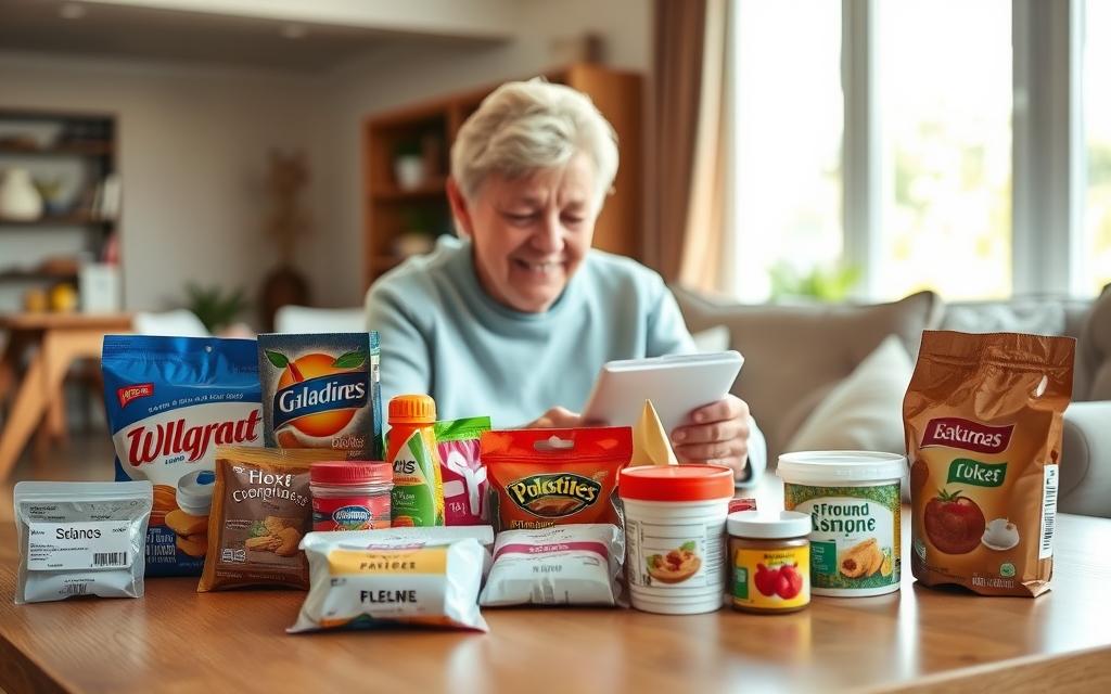 A well-lit scene showcasing an assortment of senior discounts and free samples on a clean, wooden table. In the foreground, various product packages and containers neatly arranged, highlighting their discounted prices and &quot;free sample&quot; labels. The middle ground features a senior citizen carefully examining the items, their face expressing a sense of delight and discovery. In the background, a warm, inviting living room setting with natural lighting filtering through large windows, creating a cozy and welcoming atmosphere. The overall composition conveys the joy and financial benefits seniors can experience by taking advantage of these valuable discounts and free sample opportunities.