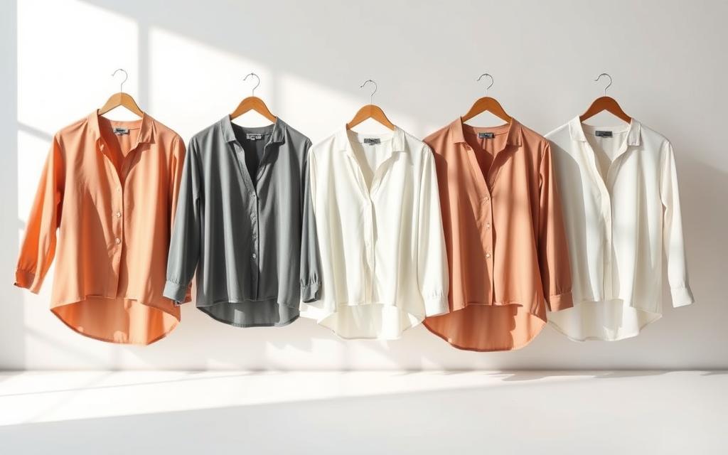A well-lit studio scene depicting a display of stylish yet easy-to-wear tops for seniors. The garments are arranged on a clean white backdrop, allowing their soft colors and flowing fabrics to take center stage. The tops feature hidden zippers, magnetic closures, and other adaptive design elements that enable effortless dressing, while maintaining a fashionable and modern aesthetic. Subtle shadow details accentuate the dimensional quality of the textiles. The overall mood is one of sophistication and accessibility, creating an inviting and inclusive atmosphere that caters to the needs of older adults, including those living with dementia.