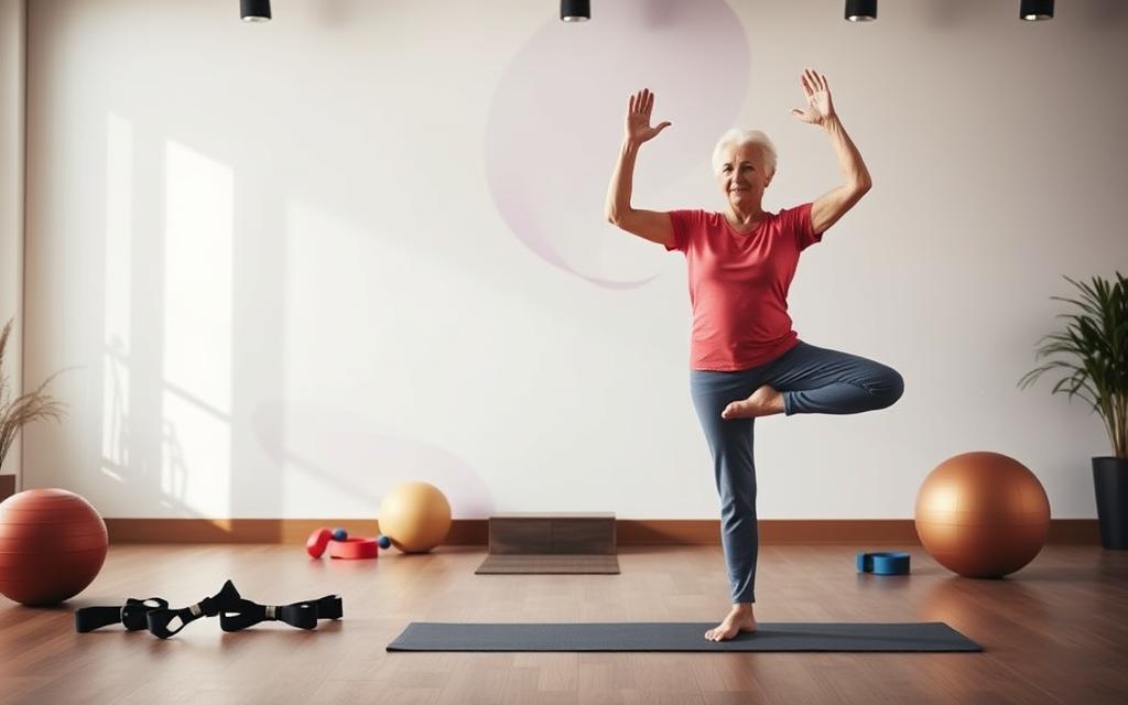 A well-lit studio setting showcasing an assortment of balance exercises for older adults. In the foreground, a senior citizen performing a tree pose, their body poised with grace and focus. In the middle ground, a yoga mat and various props like stability balls and resistance bands. The background depicts a serene, nature-inspired environment with soft, diffused lighting, creating a calming, rejuvenating atmosphere. The overall scene conveys the importance of balance training for senior citizens, promoting physical and mental well-being. A well-lit studio setting showcasing an assortment of balance exercises for older adults. In the foreground, a senior citizen performing a tree pose, their body poised with grace and focus. In the middle ground, a yoga mat and various props like stability balls and resistance bands. The background depicts a serene, nature-inspired environment with soft, diffused lighting, creating a calming, rejuvenating atmosphere. The overall scene conveys the importance of balance training for senior citizens, promoting physical and mental well-being.