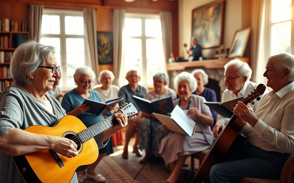An elderly group gathered in a warm, inviting music room, instruments in hand. Sunlight filters through large windows, casting a golden glow. In the foreground, a senior woman strums a guitar, her face alight with concentration. Beside her, a gentleman taps a tambourine, keeping time with the music. In the middle ground, a circle of older adults sing together, their expressions serene. The background features bookshelves, music sheets, and a cozy fireplace, creating a sense of community and engagement. The scene conveys the joy and therapeutic benefits of music for the senior population.