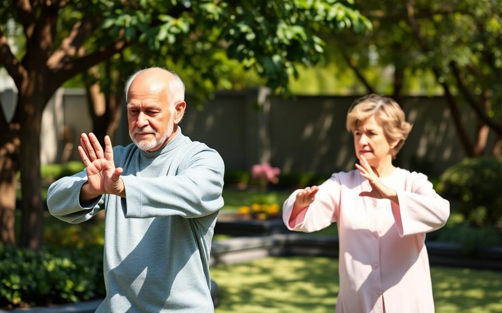 An elderly man and woman practice Tai Chi in a serene, sun-dappled garden. Their movements are graceful and fluid, faces tranquil as they focus inwardly. Soft shadows cast by the trees create a warm, calming atmosphere. The pair embody the mental health benefits of this ancient practice - a sense of balance, mindfulness, and inner peace radiating from their posture and expressions. The image conveys the tranquility, mental clarity, and overall wellbeing that Tai Chi can offer older adults.