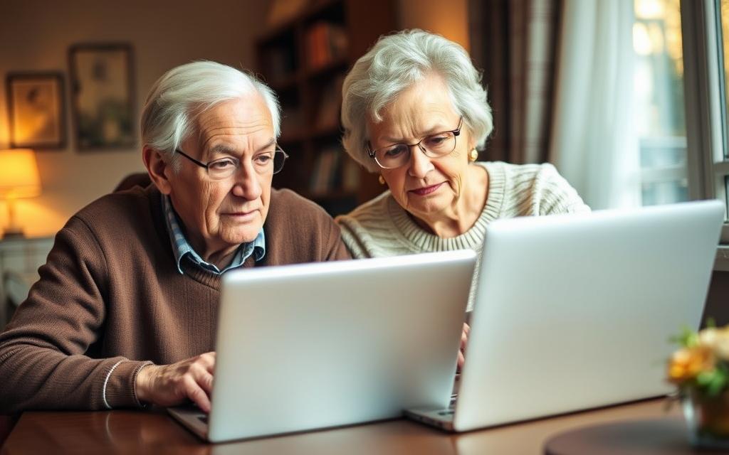 An elderly man and woman sitting at a table, searching intently on a laptop computer. The scene is set in a cozy, well-lit living room, with warm, soft lighting illuminating their faces. The pair's expressions convey a sense of focused concentration as they explore potential pen pal programs, seeking to connect with new companions. The background is slightly blurred, emphasizing the subjects and their shared task. A sense of anticipation and the potential for meaningful social interaction is palpable, reflecting the article's theme of &quot;How to Find the Right Pen Pal Program&quot; for senior citizens.