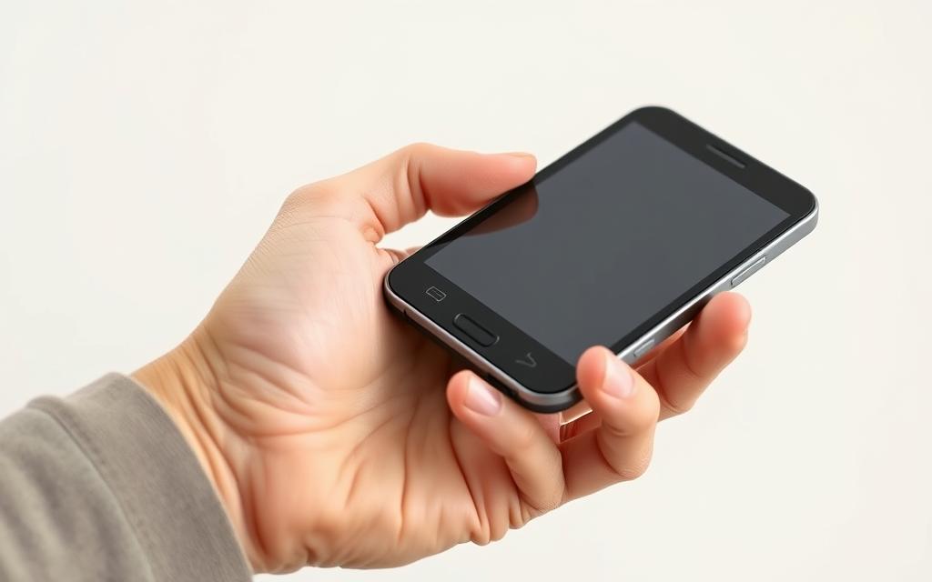 An elderly person's hand holding a sleek, modern smartphone with a large, easy-to-read display and simple interface. The smartphone has a rubberized, non-slip grip and prominent physical buttons for quick access to frequently used functions. The device is set against a plain, light-colored background, with soft, even lighting that highlights the details. The overall scene conveys a sense of accessibility, user-friendliness, and technology tailored to the needs of senior citizens.