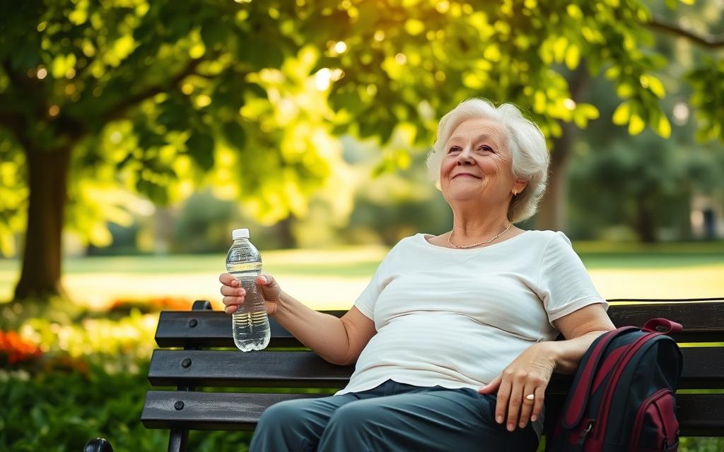 An elderly woman sits on a bench in a lush, verdant park with flowers, her face radiating a sense of calm and contentment. Soft, warm sunlight filters through the canopy of trees, casting a gentle glow on her features. She holds a water bottle in one hand, the other hand resting on a small backpack at her side, signifying her preparedness for her solo travel adventure. The background is filled with the vibrant greenery of the park, creating a peaceful and rejuvenating atmosphere, reflecting the importance of maintaining health and wellness during senior solo travel.