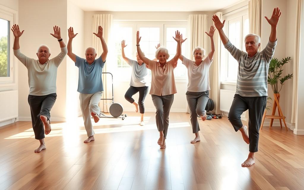 Elderly individuals performing balance exercises in a sunlit, minimalist home setting. Seniors stand on one leg, arms raised, focusing intently on maintaining equilibrium. Hardwood floors, neutral-toned walls, and simple exercise equipment in the background create a serene, calming ambiance. Soft, diffused natural lighting accentuates the seniors' movements, capturing their concentration and sense of balance. The scene conveys a sense of safety, stability, and the importance of maintaining physical well-being in the later stages of life. Elderly individuals performing balance exercises in a sunlit, minimalist home setting. Seniors stand on one leg, arms raised, focusing intently on maintaining equilibrium. Hardwood floors, neutral-toned walls, and simple exercise equipment in the background create a serene, calming ambiance. Soft, diffused natural lighting accentuates the seniors' movements, capturing their concentration and sense of balance. The scene conveys a sense of safety, stability, and the importance of maintaining physical well-being in the later stages of life.