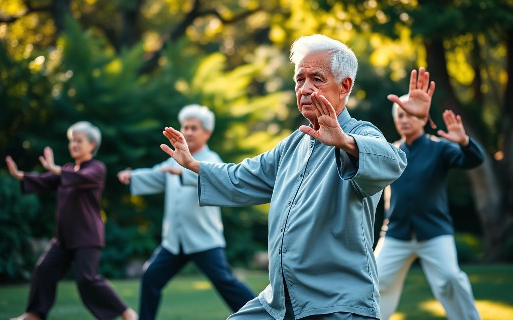 Graceful senior citizens performing tranquil Tai Chi movements in a serene outdoor setting. Soft natural lighting filters through lush greenery, casting warm shadows on the elderly practitioners as they flow through a sequence of fluid, meditative poses. Their focused expressions and gentle motions convey a sense of inner peace and physical well-being. The camera captures the movements from an angle that highlights the elegant form and balance of the Tai Chi forms, inviting the viewer to join in the gentle exercise. An atmosphere of calm contemplation and rejuvenation permeates the scene.