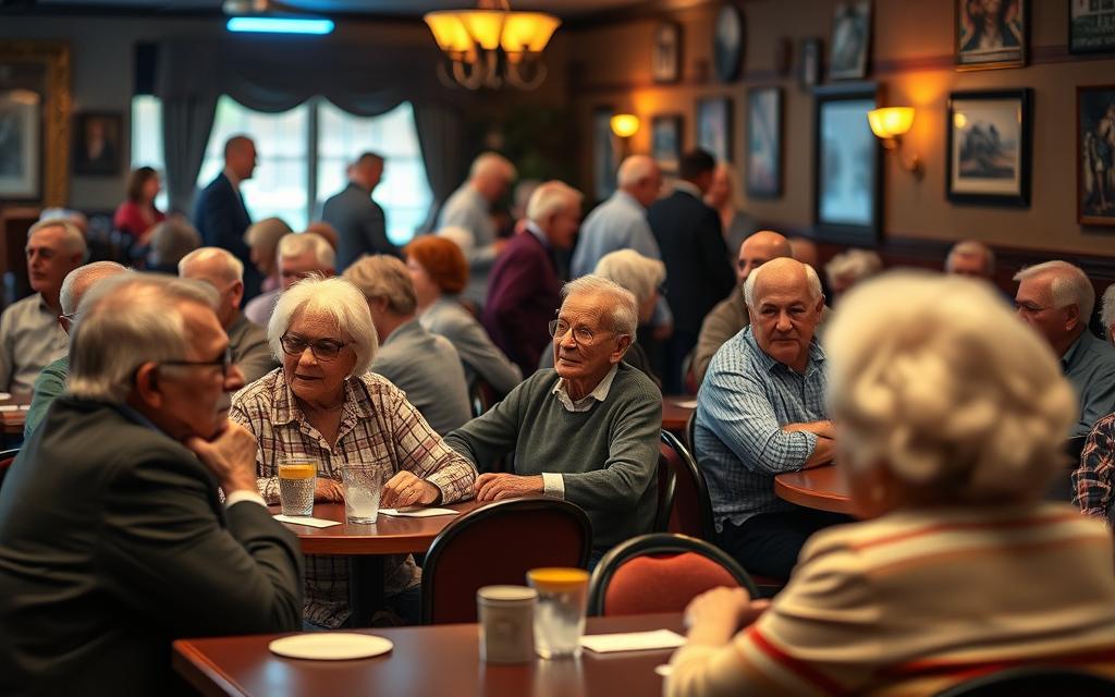 Senior citizens gathered for a lively speed dating event, their faces filled with anticipation and a hint of uncertainty. In the cozy setting, a warm, mellow lighting bathes the scene, creating an inviting atmosphere. In the foreground, a group of seniors sit at intimate tables, engaged in conversation, their body language exuding a mix of nervousness and excitement. The middle ground reveals others mingling, exchanging glances and sharing stories, while the background showcases the welcoming venue, with a touch of vintage charm. The overall composition captures the essence of the &quot;Addressing Common Concerns&quot; section, reflecting the unique challenges and hopes of senior speed dating.