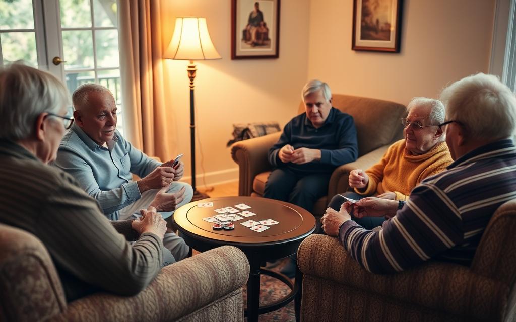 a cozy living room with comfortable armchairs and a coffee table, senior citizens engaged in a spirited game of cards, the room bathed in warm, soft lighting from a standing lamp in the corner, the atmosphere relaxed and convivial, the focus on the social interaction and mental stimulation of the game, a sense of community and shared experience among the players