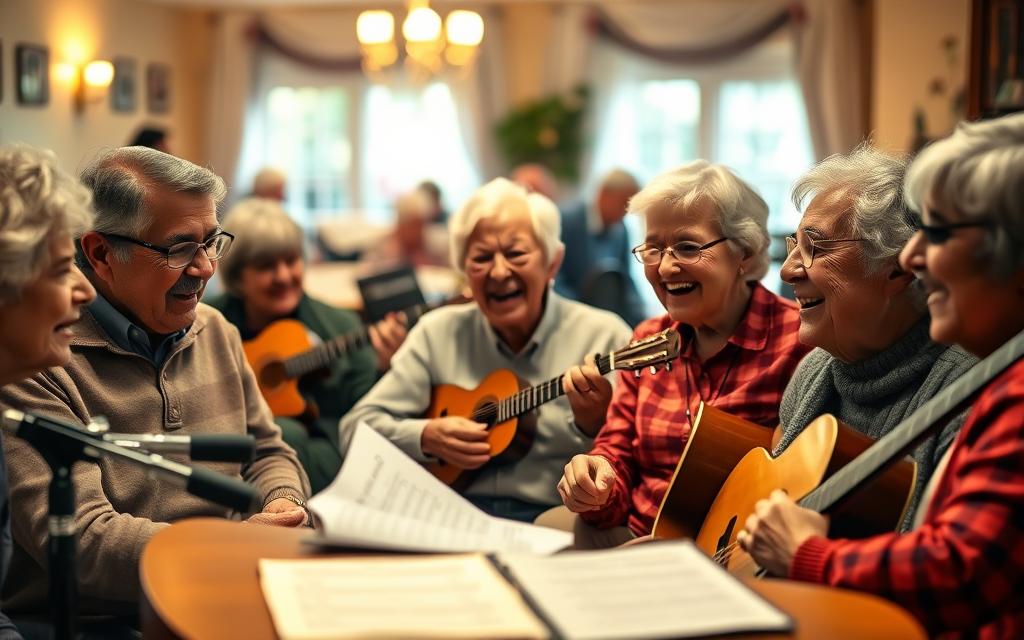 a group of senior citizens sitting together and singing joyfully, with warm lighting illuminating their faces and creating a cozy, intimate atmosphere. The seniors are positioned in the foreground, gathered around a piano or acoustic guitar, their expressions animated as they harmonize. In the middle ground, the room is decorated with musical instruments, sheet music, and other elements that suggest a community music therapy session. The background features a soft, blurred scene of a retirement home or community center, conveying a sense of comfort and belonging. The overall scene captures the enthusiasm, camaraderie, and therapeutic benefits of group music-making for the elderly.