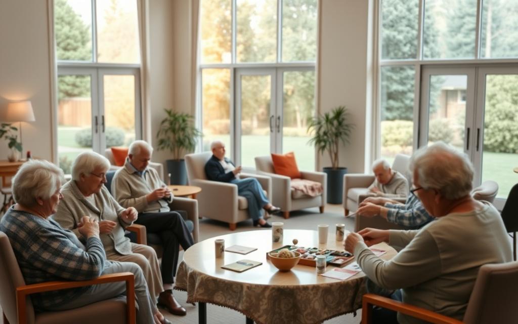 a peaceful indoor setting with a group of senior citizens engaged in various therapeutic activities. in the foreground, a group of seniors are seated around a table, some knitting, others playing board games or working on crafts. middle ground features a comfortable lounge area with plush chairs and soft lighting, where a few seniors are reading or doing gentle stretches. the background showcases large windows overlooking a serene outdoor garden, filled with natural greenery and warm, diffused sunlight streaming in. the atmosphere is calm, soothing, and conducive to relaxation and well-being. the overall scene conveys a sense of community, engagement, and the therapeutic benefits of social interaction and light physical activity for the elderly.