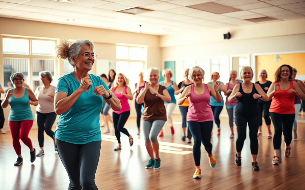 A brightly lit studio filled with a vibrant group of seniors gracefully moving to the rhythmic beats of Zumba music. In the foreground, a joyful instructor leads the class, their lively movements capturing the energetic spirit of the occasion. The participants, clad in comfortable activewear, are scattered throughout the middle ground, their faces beaming with concentration and delight as they follow the steps. The background features a spacious, well-equipped exercise space, with mirrored walls and a serene, calming atmosphere that sets the stage for an invigorating workout. Warm, natural lighting filters in, creating a welcoming and uplifting ambiance that embodies the rejuvenating nature of Zumba Gold classes for seniors.