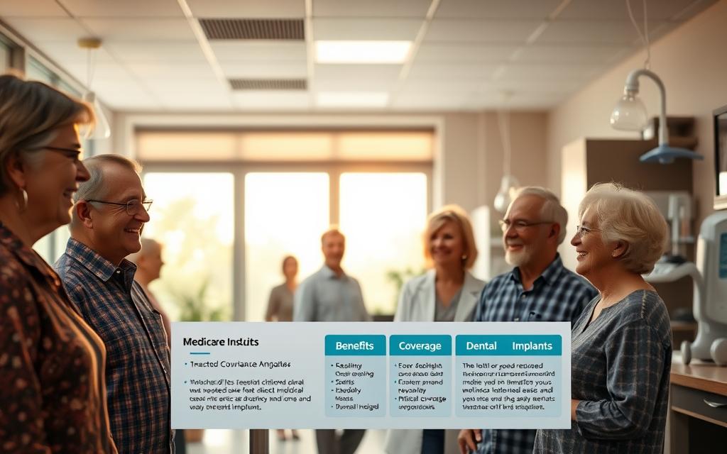 A bustling medical office, illuminated by warm natural light filtering through large windows. In the foreground, a smiling group of senior citizens engaged in a lively discussion, their faces radiating with a sense of well-being. In the middle ground, a display showcasing the benefits of a Medicare Advantage plan, highlighting dental coverage, including dental implants. The background depicts a tranquil, professional setting, with tasteful decor and modern medical equipment, conveying a sense of trust and expertise. The overall scene exudes a feeling of security, care, and empowerment for the senior citizens navigating their healthcare options.