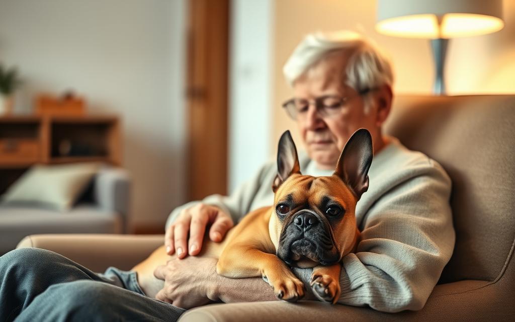 A calm, elderly person seated in a cozy armchair, gently petting a French Bulldog nestled contentedly in their lap. Soft, warm lighting illuminates the scene, casting a soothing glow. The dog's expressive eyes and relaxed posture convey a sense of companionship and comfort. The background features a clean, minimalist apartment interior, emphasizing the low-maintenance nature of this breed as an ideal companion for seniors. Captured with a shallow depth of field, the focus remains on the tranquil interaction between the human and their loyal canine friend.