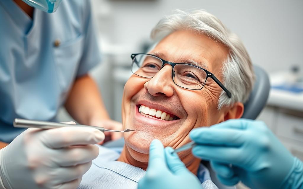 A close-up view of a smiling senior citizen, age 55, receiving a dental implant procedure. The patient is seated comfortably in a dental chair, with a reassuring dentist and assistant standing by. The scene is well-lit, capturing the details of the surgical instruments and the patient's relaxed expression. The background features a modern, clean dental office setting, conveying a sense of professionalism and expertise. The composition emphasizes the patient's comfort and the dentist's careful attention, highlighting the senior-friendly nature of the procedure.