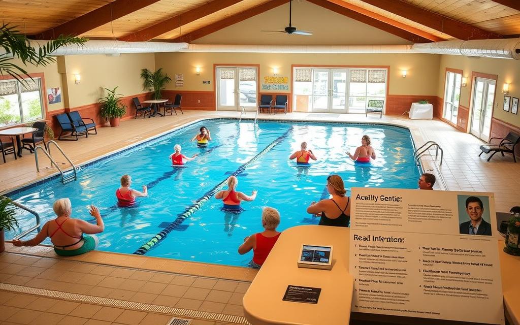 A cozy community center nestled by a serene indoor pool, its blue waters reflecting the warm lighting above. Seniors in colorful swimsuits gracefully performing aquatic exercises, supported by attentive instructors. The atmosphere is calming, with views of lush plants and soothing nature sounds. The space is designed for accessibility, with handrails, non-slip surfaces, and ample seating. Nearby, an information desk offers details on local senior aquatic therapy programs, social events, and support services. The overall scene conveys a sense of inclusivity, wellness, and vibrant community life for active older adults.