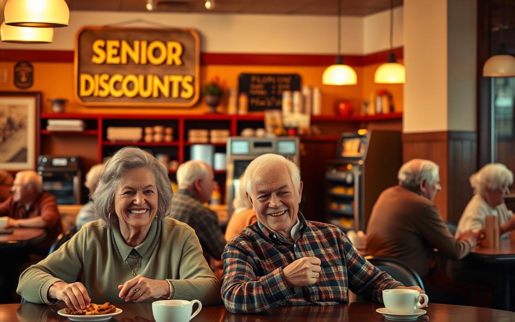 A cozy diner interior, bathed in warm, golden lighting. In the foreground, a cheerful senior couple enjoying a meal, their faces wreathed in smiles as they take advantage of the prominent "Senior Discounts" sign hanging on the wall. The middle ground features other elderly patrons, engaged in friendly conversations over steaming cups of coffee. In the background, a vintage-style cash register and shelves stocked with pantry goods, hinting at the range of senior-friendly offerings available. The overall atmosphere conveys a sense of community, comfort, and the welcoming spirit of a neighborhood establishment catering to the needs of the local senior population.