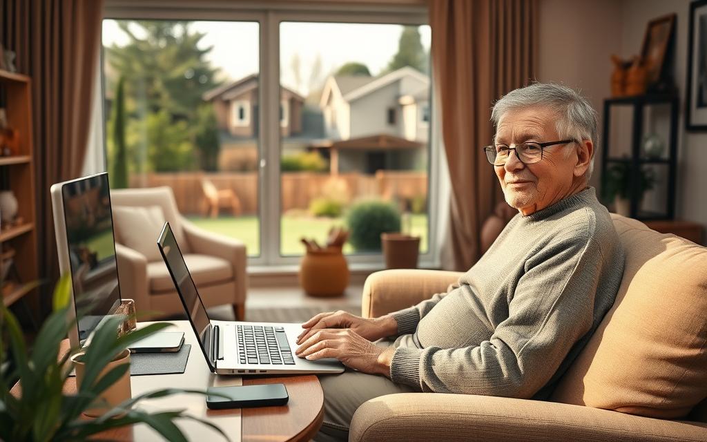 A cozy home office setup with a senior citizen in their 60s or 70s using a laptop computer, surrounded by ergonomic furniture and decor in warm, earthy tones. Soft, diffused lighting illuminates the scene, creating a welcoming and relaxed atmosphere. In the background, a large window provides a view of a tranquil suburban neighborhood, suggesting the flexibility and comfort of remote customer service work for retirees. The composition emphasizes the ease and convenience of this type of employment for older adults, enabling them to earn income while enjoying the comforts of home.