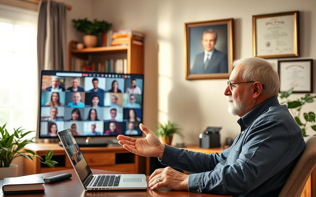 A cozy home office with a senior citizen instructor teaching an online class. The foreground shows an older adult, dressed professionally, sitting at a desk and gesturing as they engage with their laptop camera. Behind them, a tasteful bookshelf and artwork adorn the walls, creating a warm, intellectual atmosphere. Diffused natural light floods the scene, casting a gentle glow. The middle ground features a large monitor displaying students attending the virtual lesson, their faces visible in a grid layout. In the background, a potted plant and a framed diploma or certificate add a sense of expertise and lifelong learning. The overall mood is one of wisdom, experience, and the ability to share knowledge remotely.