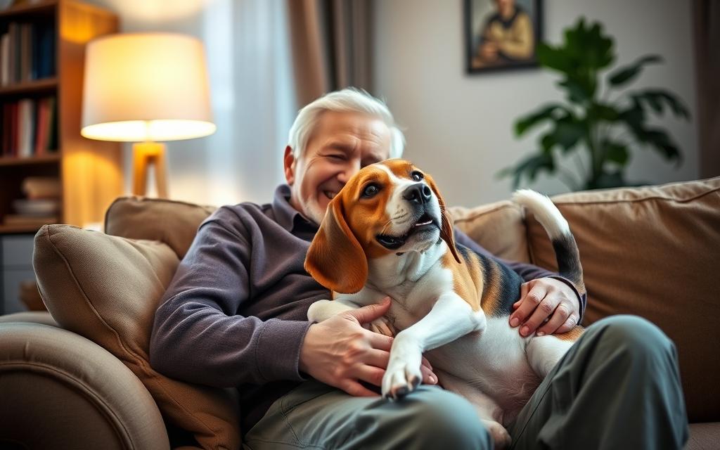 A cozy living room scene with a cheerful senior citizen cuddling a friendly beagle on the sofa. Warm lighting from a nearby lamp casts a gentle glow, highlighting the pair's affectionate bond. The beagle's attentive expression and wagging tail convey a sense of companionship, while the senior's relaxed posture suggests contentment. In the background, a bookshelf and potted plant add subtle details that create a welcoming, homely atmosphere. The composition emphasizes the harmonious relationship between the senior and their loyal, adaptable beagle companion.