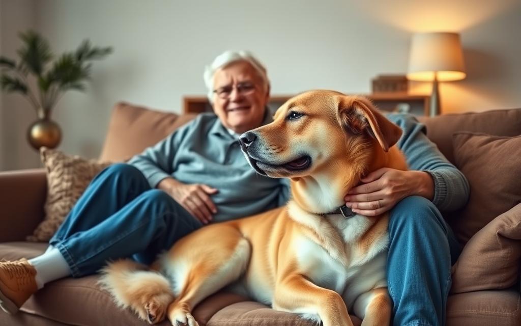 A cozy living room scene with a senior citizen couple seated comfortably on a plush sofa, petting a large, gentle dog breed that appears relaxed and affectionate. The dog's size and calm demeanor suggest it is well-suited for senior living. Warm, soft lighting casts a soothing glow, and the room is decorated with earthy tones and natural textures, creating a serene and inviting atmosphere. The couple's expressions convey a sense of contentment and the dog's body language indicates it is a loyal, attentive companion. A peaceful, harmonious scene that highlights the benefits of larger dog breeds for seniors.