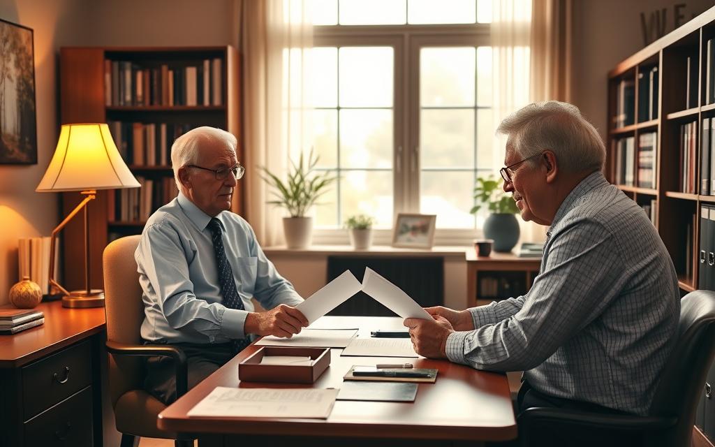 A cozy office setting with an elderly couple sitting across a desk from a tax professional. Warm lighting from a desk lamp and large windows casts a soft glow, creating a welcoming atmosphere. The tax advisor, dressed in a button-down shirt and tie, is gesturing towards paperwork while the seniors, wearing casual but neat attire, listen intently. Bookshelves and filing cabinets line the walls, conveying a sense of expertise and trust. The scene captures the essence of free legal and tax assistance provided to senior citizens by the government, offering guidance and support during the tax season.